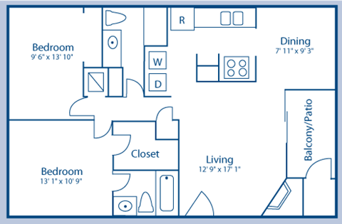 Floor plan for 2 beds, 2 baths, 964 sqft