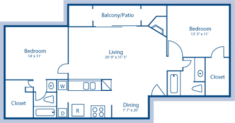 Floor plan for 2 beds, 2 baths, 1006 sqft
