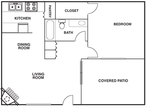 Floor plan for 1 bed, 1 bath, 750 sqft