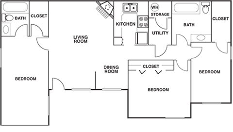 Floor plan for 3 beds, 2 baths, 1200 sqft