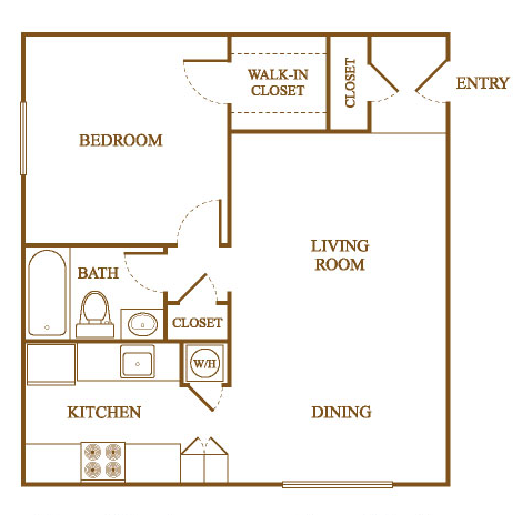 Floor plan for 1 bed, 1 bath, 600 sqft