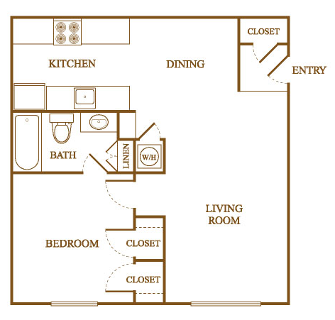 Floor plan for 1 bed, 1 bath, 612 sqft