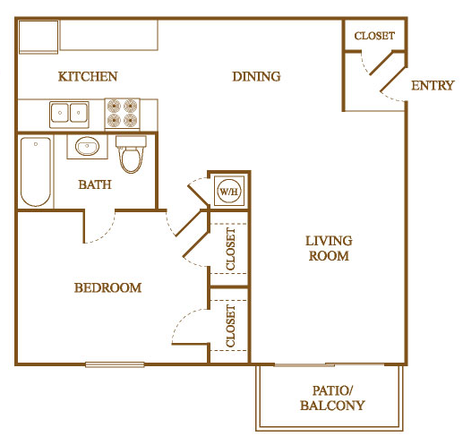 Floor plan for 1 bed, 1 bath, 700 sqft