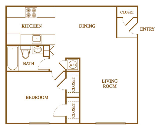 Floor plan for 1 bed, 1 bath, 700 sqft