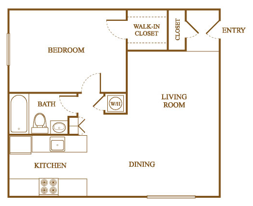 Floor plan for 1 bed, 1 bath, 700 sqft
