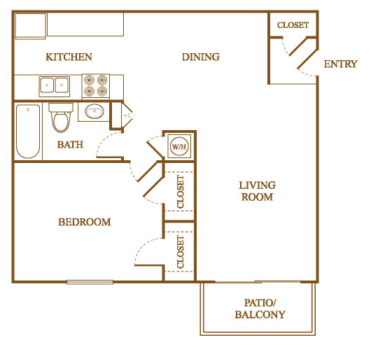 Floor plan for 1 bed, 1 bath, 700 sqft