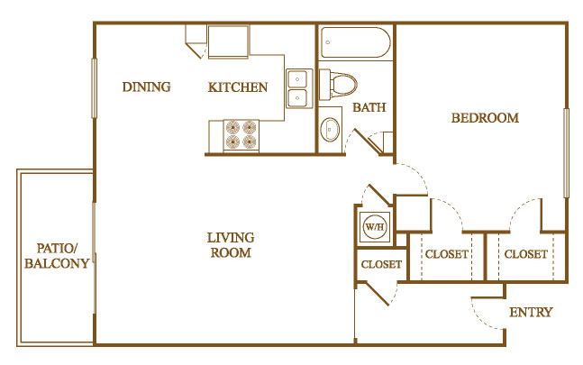Floor plan for 1 bed, 1 bath, 715 sqft