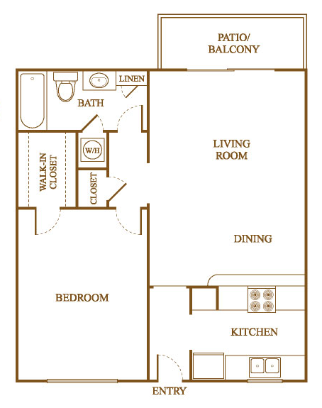 Floor plan for 1 bed, 1 bath, 731 sqft