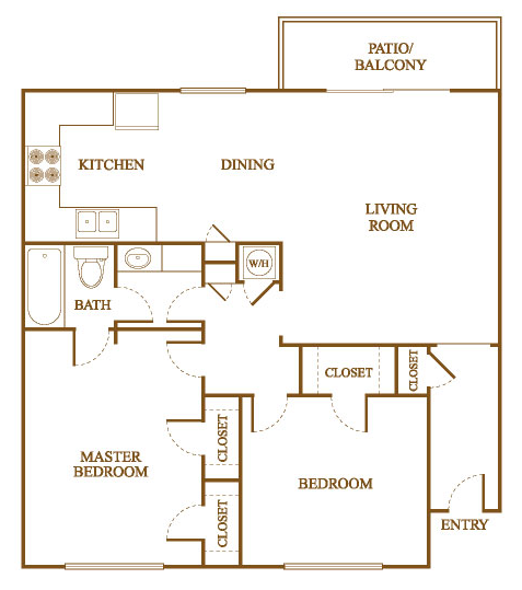 Floor plan for 2 beds, 1 bath, 912 sqft