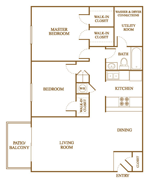 Floor plan for 2 beds, 1 bath, 916 sqft