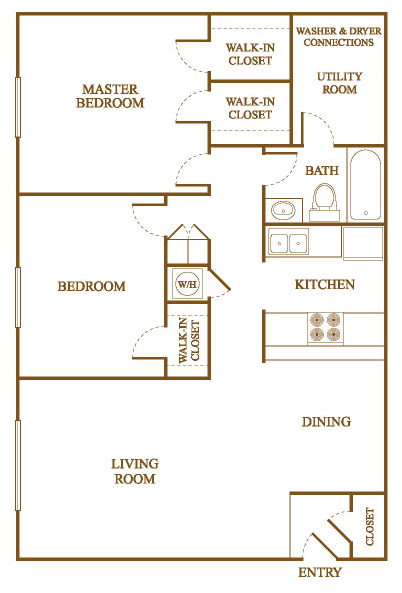 Floor plan for 2 beds, 1 bath, 950 sqft