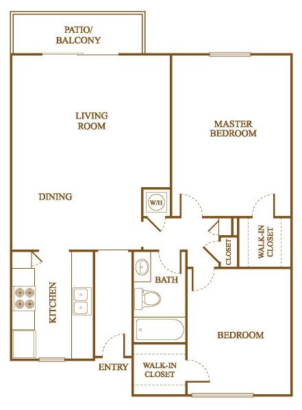 Floor plan for 2 beds, 1 bath, 973 sqft