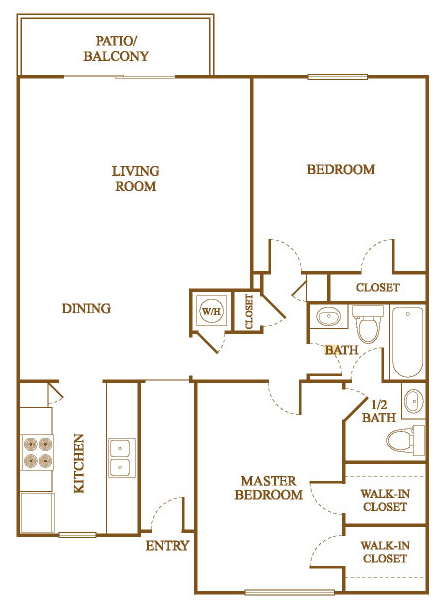 Floor plan for 2 beds, 1.5 baths, 973 sqft