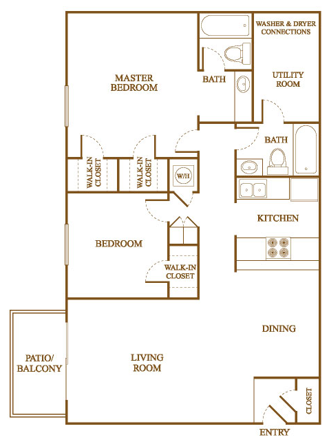 Floor plan for 2 beds, 2 baths, 1000 sqft