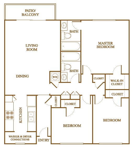 Floor plan for 3 beds, 2 baths, 1250 sqft