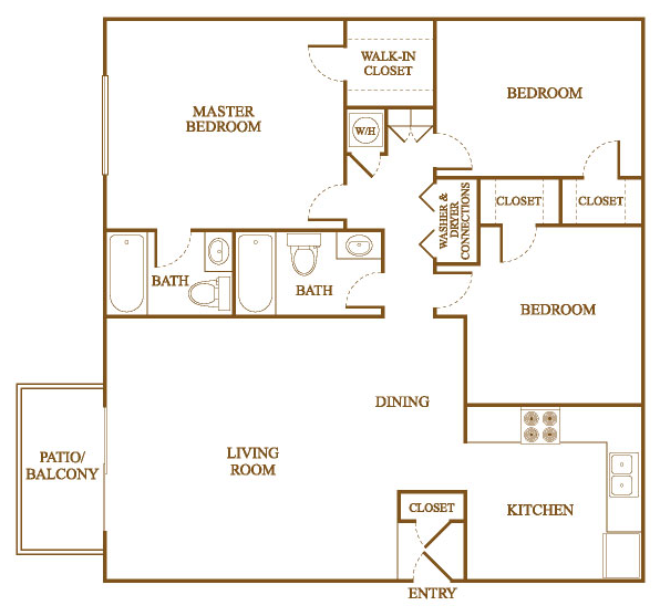 Floor plan for 3 beds, 2 baths, 1296 sqft