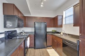 Greenwood Village apartment for rent - a kitchen with black appliances and wooden cabinets