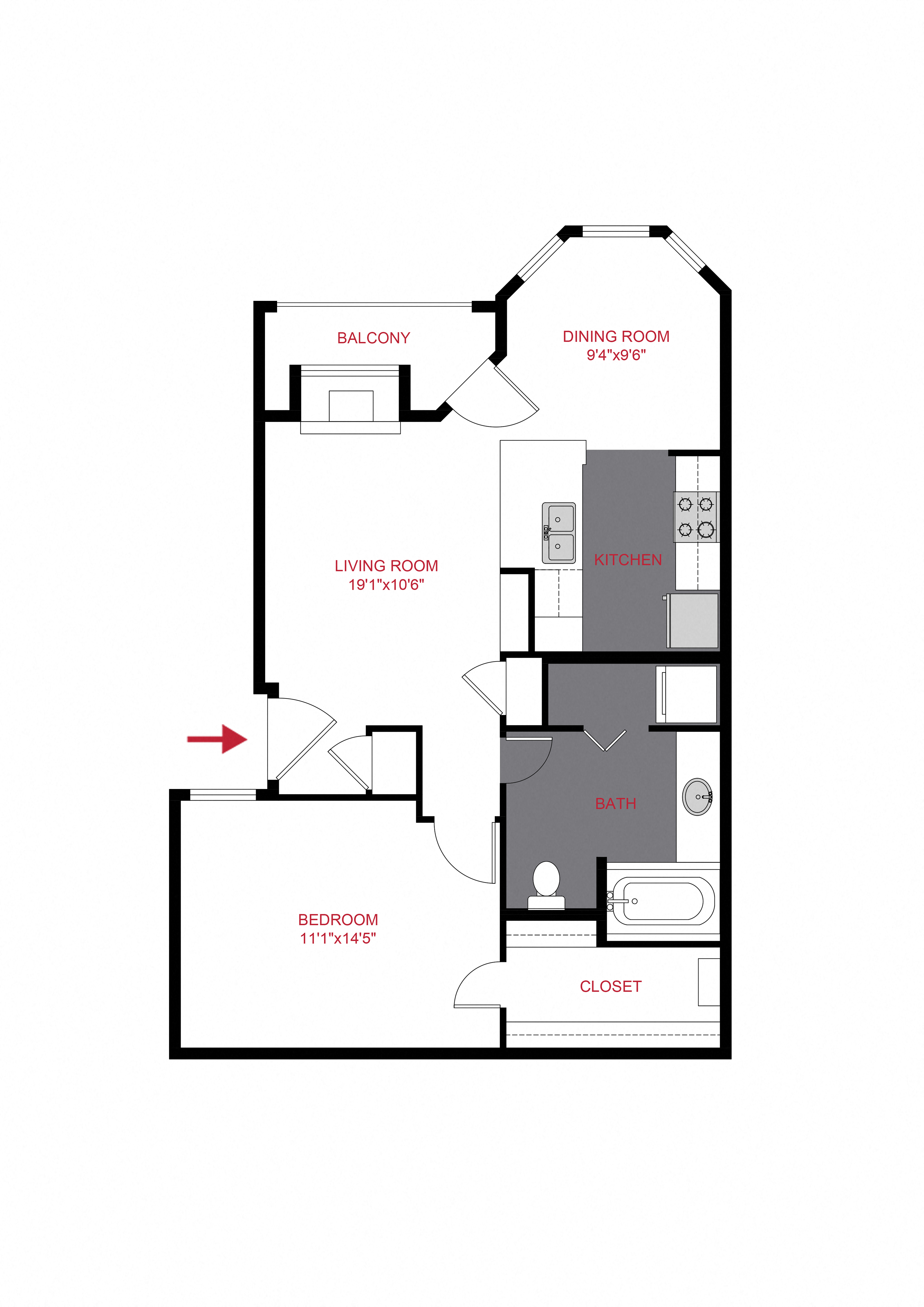 Floor plan for 1 bed, 1 bath, 713 sqft