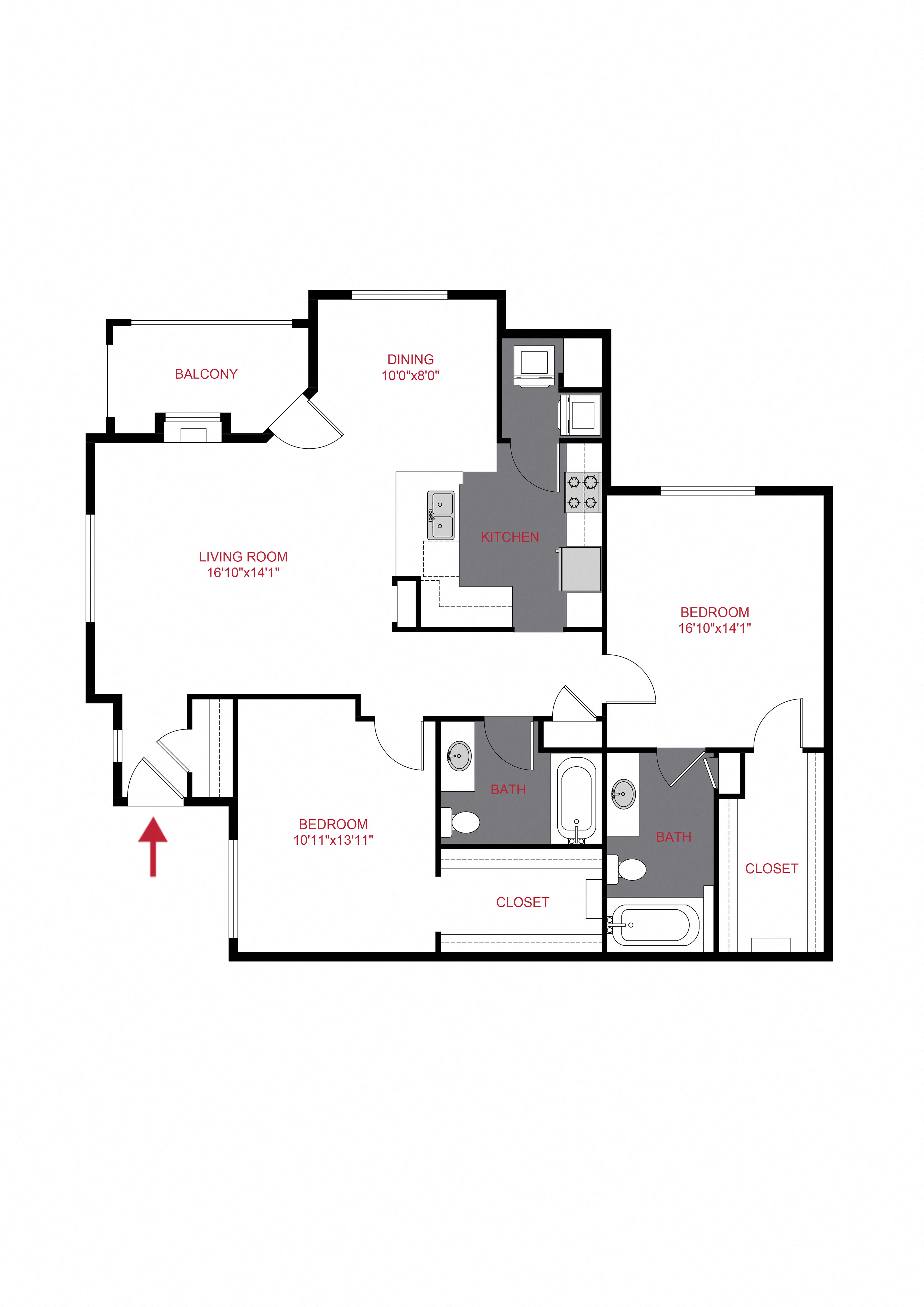 Floor plan for 2 beds, 2 baths, 1207 sqft
