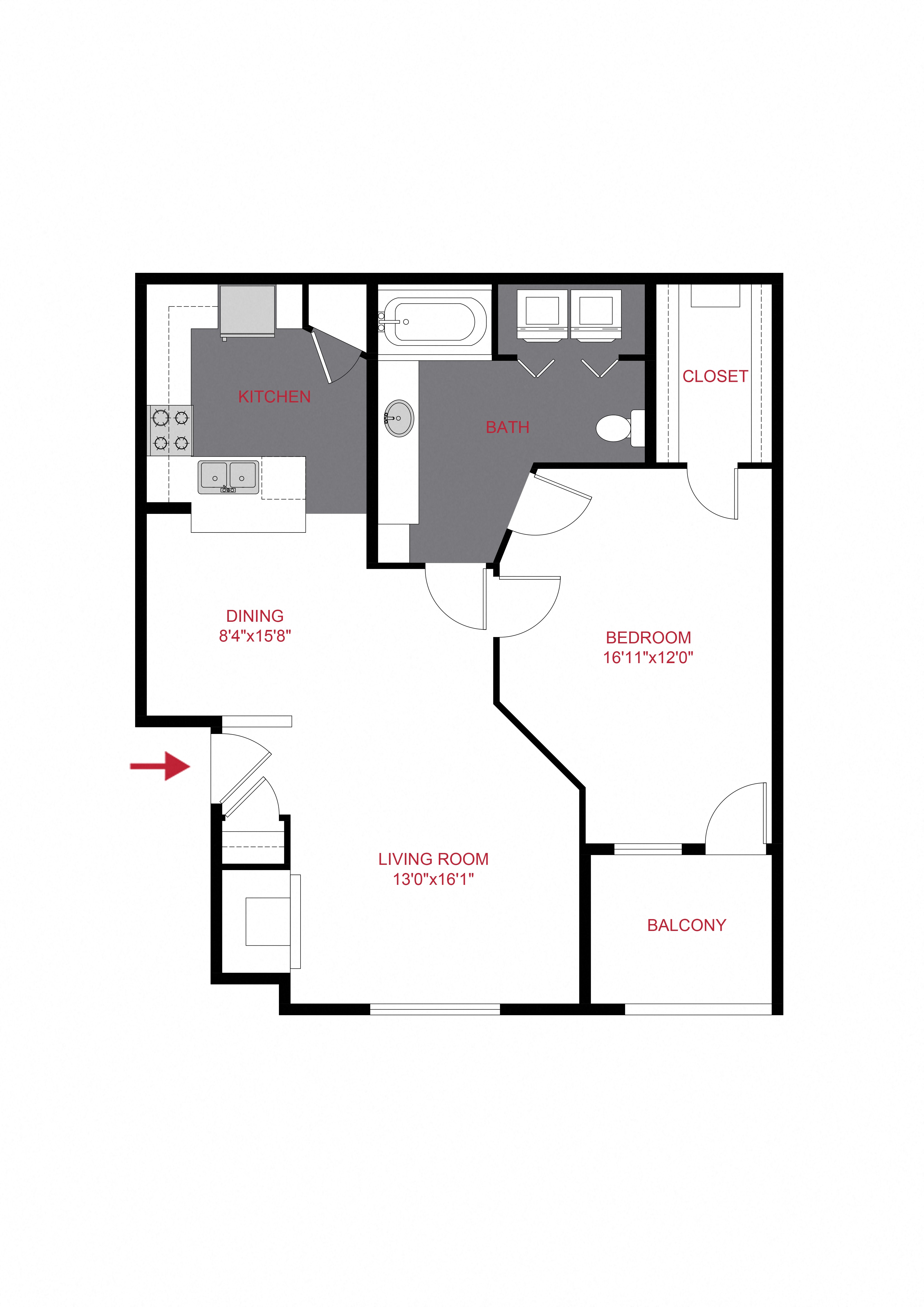 Floor plan for 1 bed, 1 bath, 826 sqft