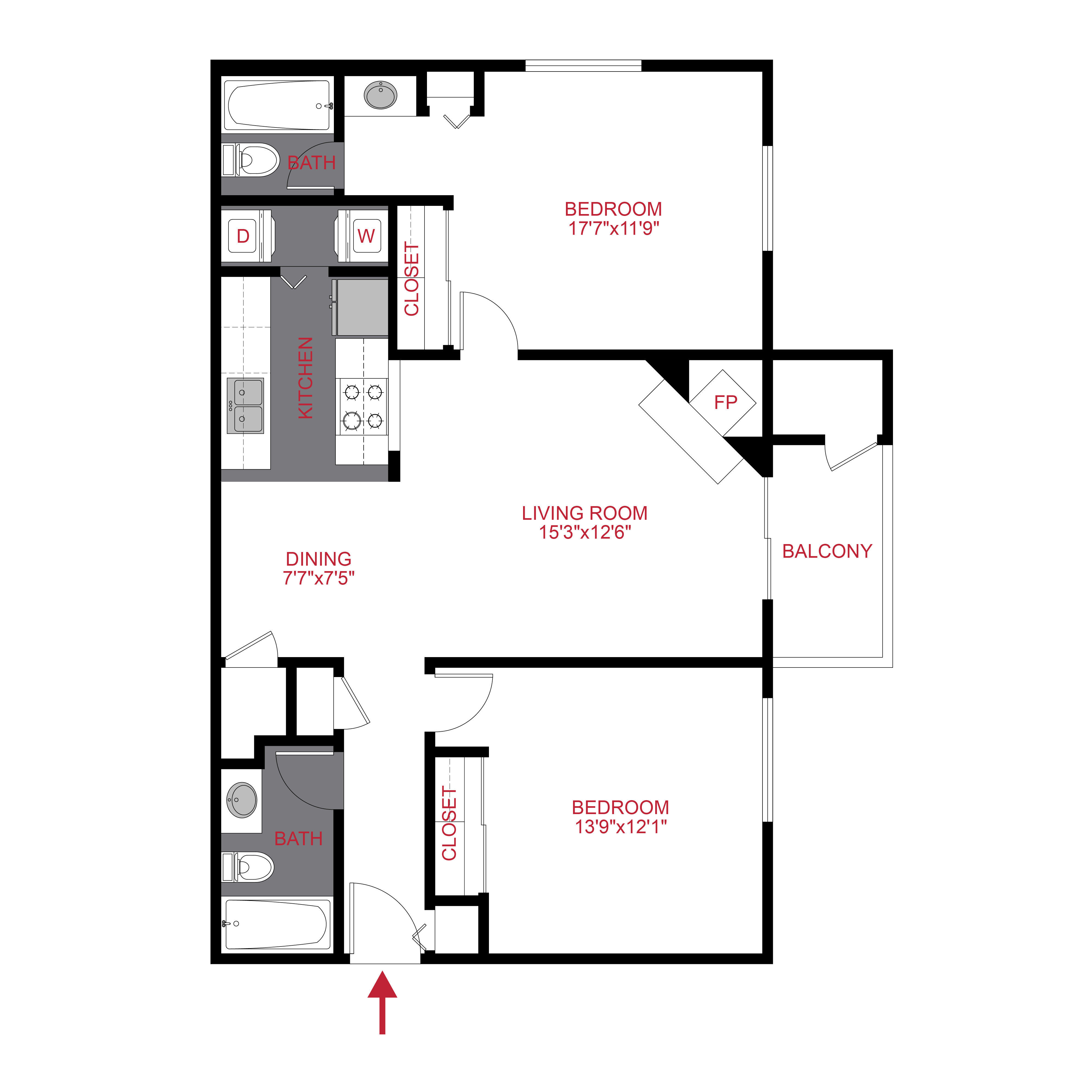 Floor plan for 2 beds, 2 baths, 932 sqft