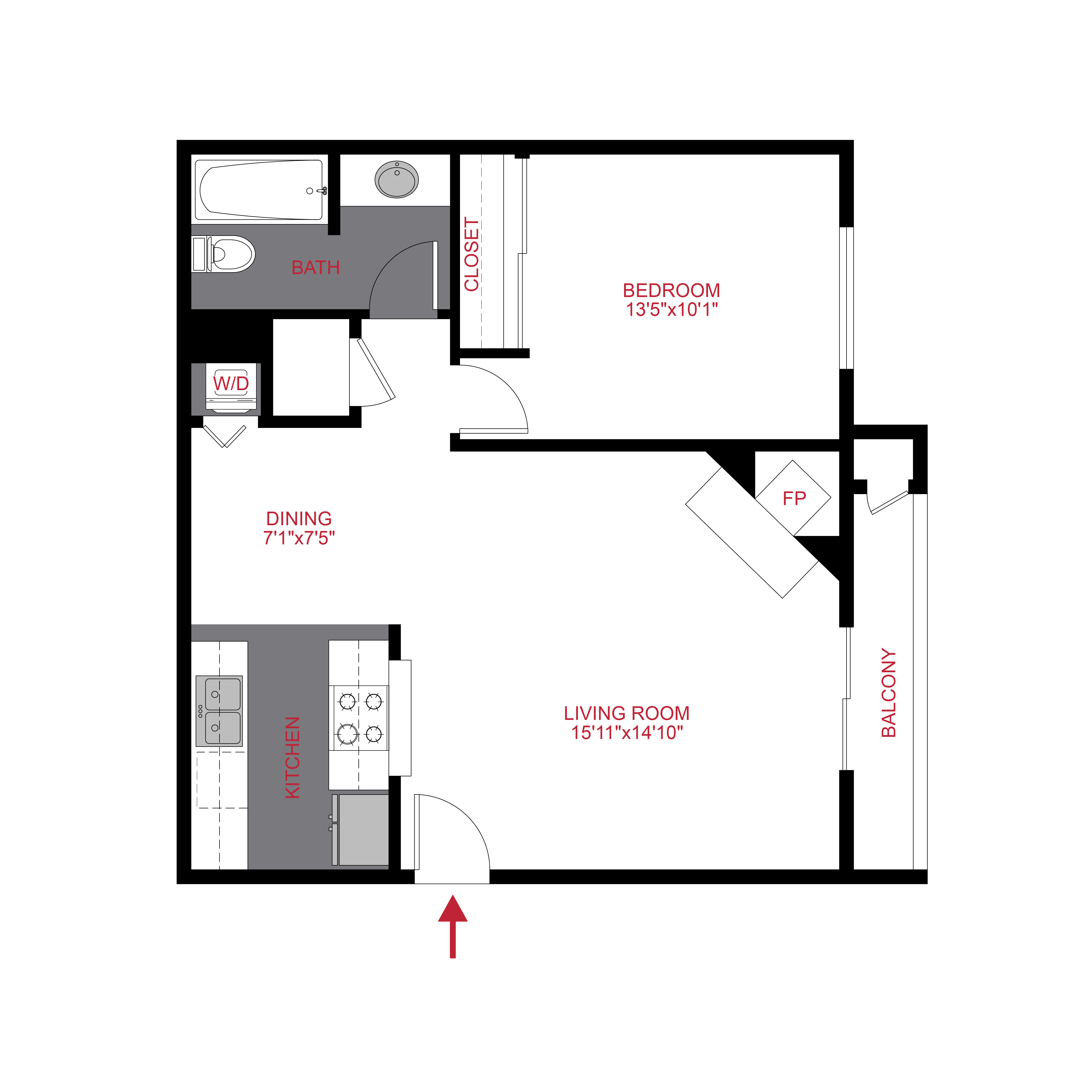 Floor plan for 1 bed, 1 bath, 644 sqft