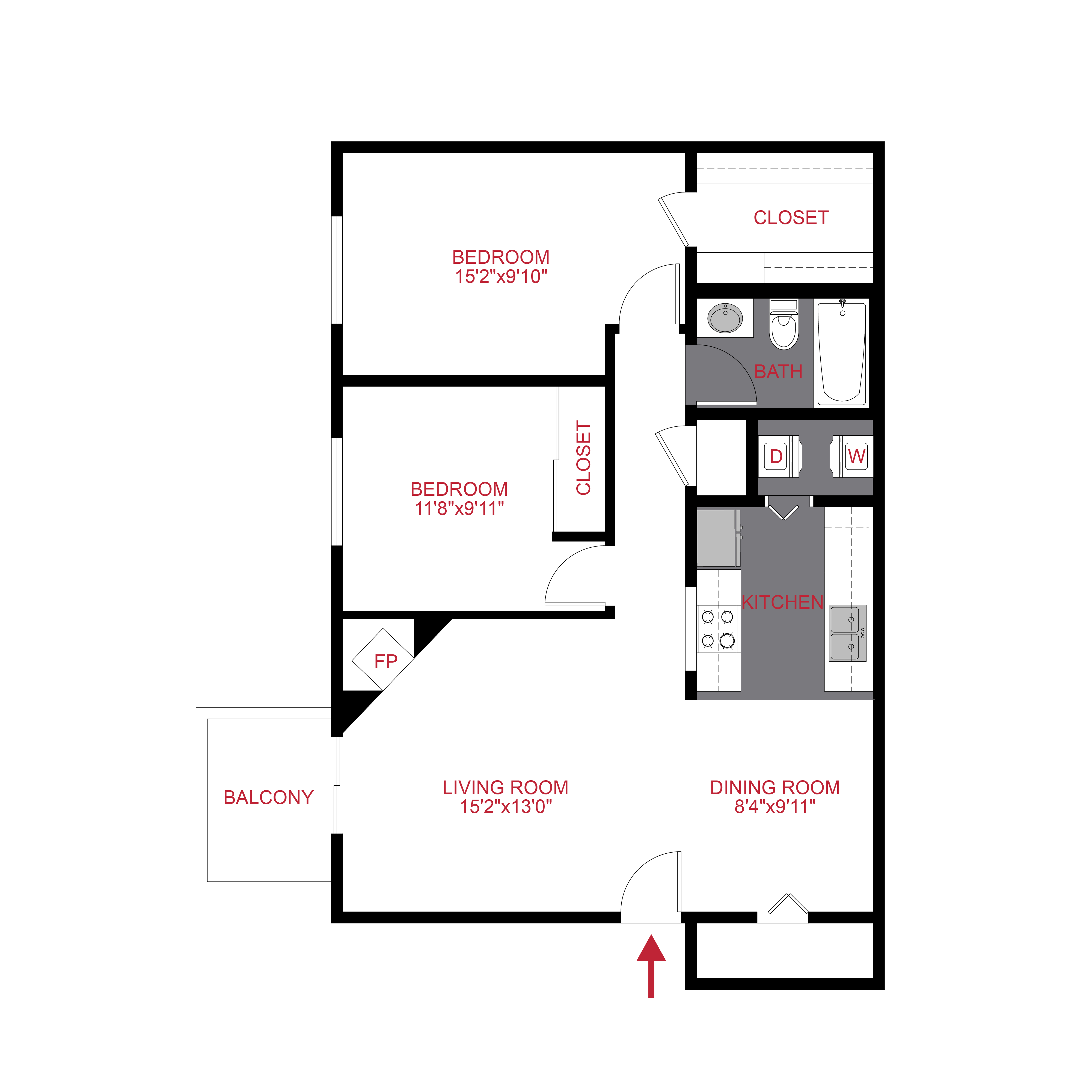Floor plan for 2 beds, 1 bath, 836 sqft