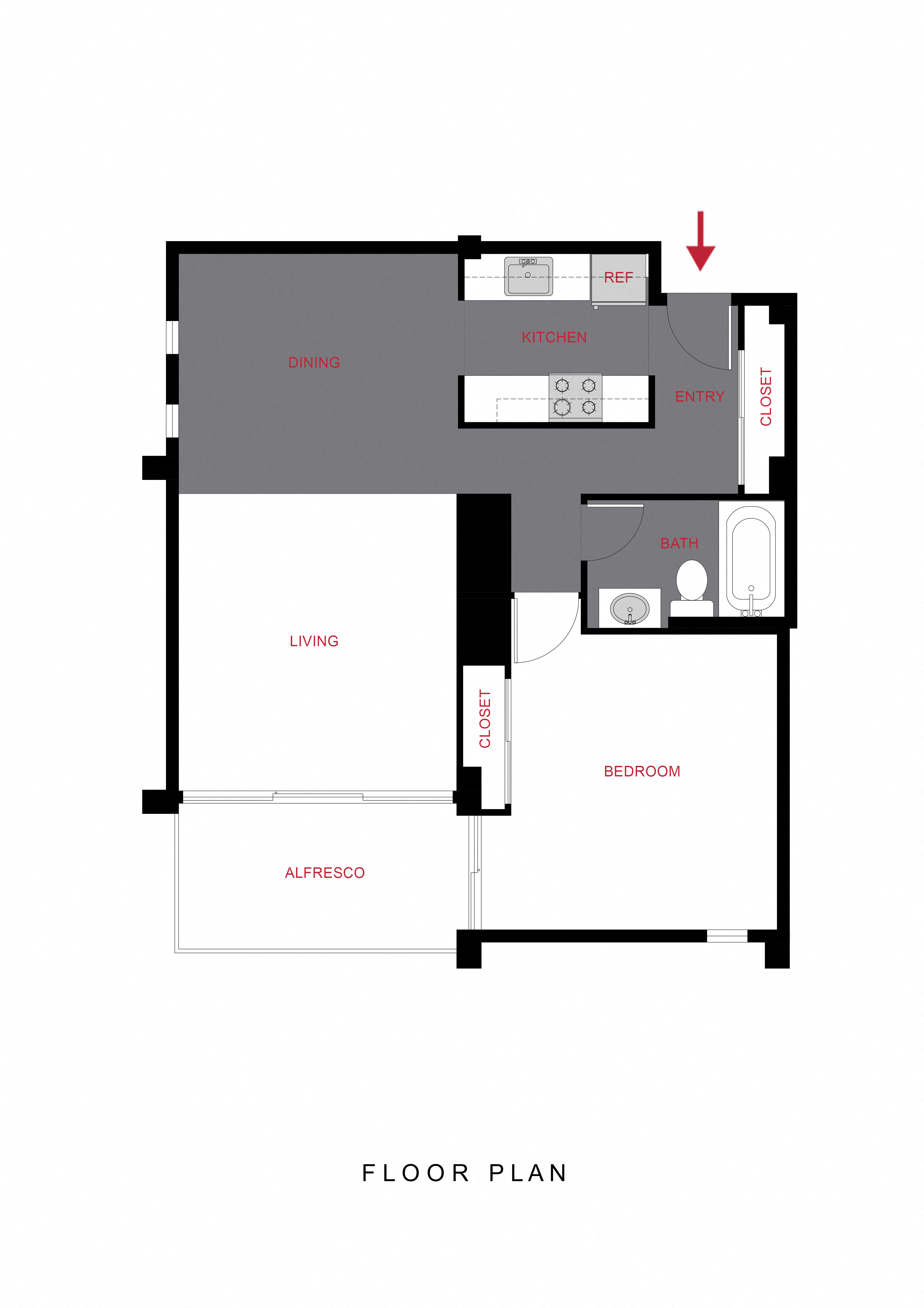 Floor plan for 1 bed, 1 bath, 706 sqft