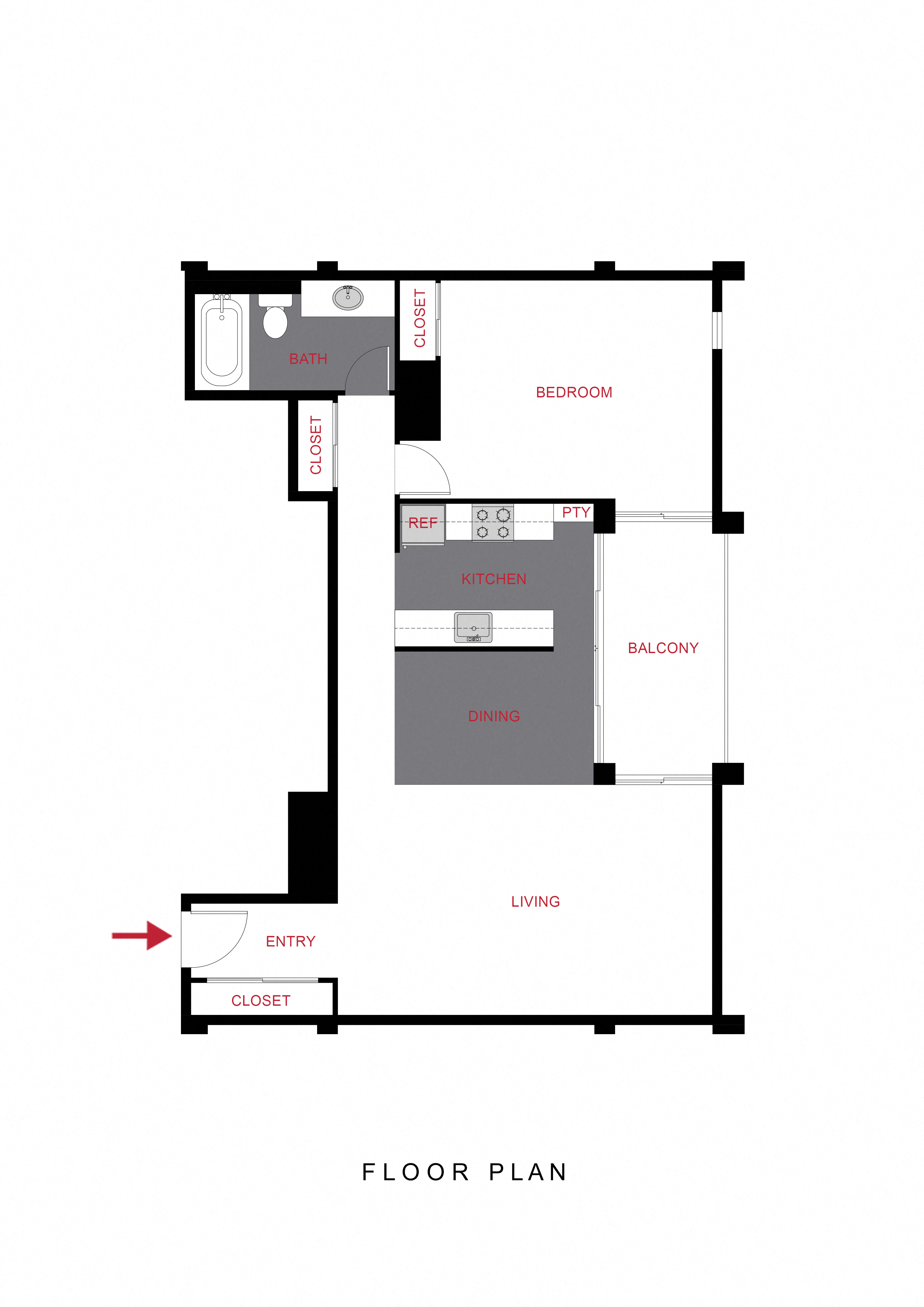 Floor plan for 1 bed, 1 bath, 863 sqft