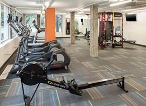 Denver apartment for rent - a gym with cardio equipment and weights on the floor