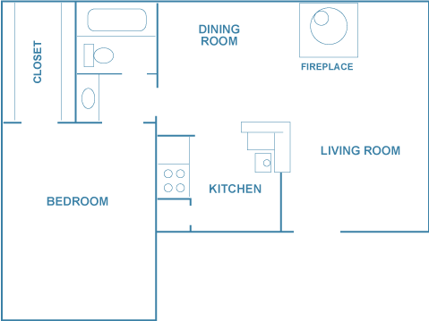 Floor plan for 1 bed, 1 bath, 800 sqft