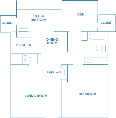 Floor plan for 1 bed, 1 bath, 850 sqft