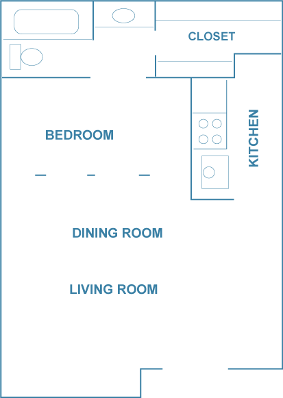 Floor plan for 1 bed, 1 bath, 515 sqft