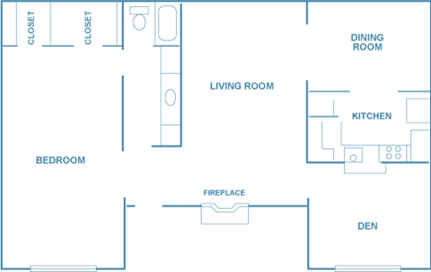 Floor plan for 1 bed, 1 bath, 1050 sqft