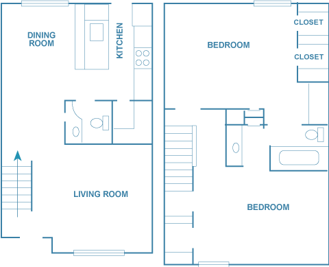 Floor plan for 2 beds, 1.5 baths, 1100 sqft
