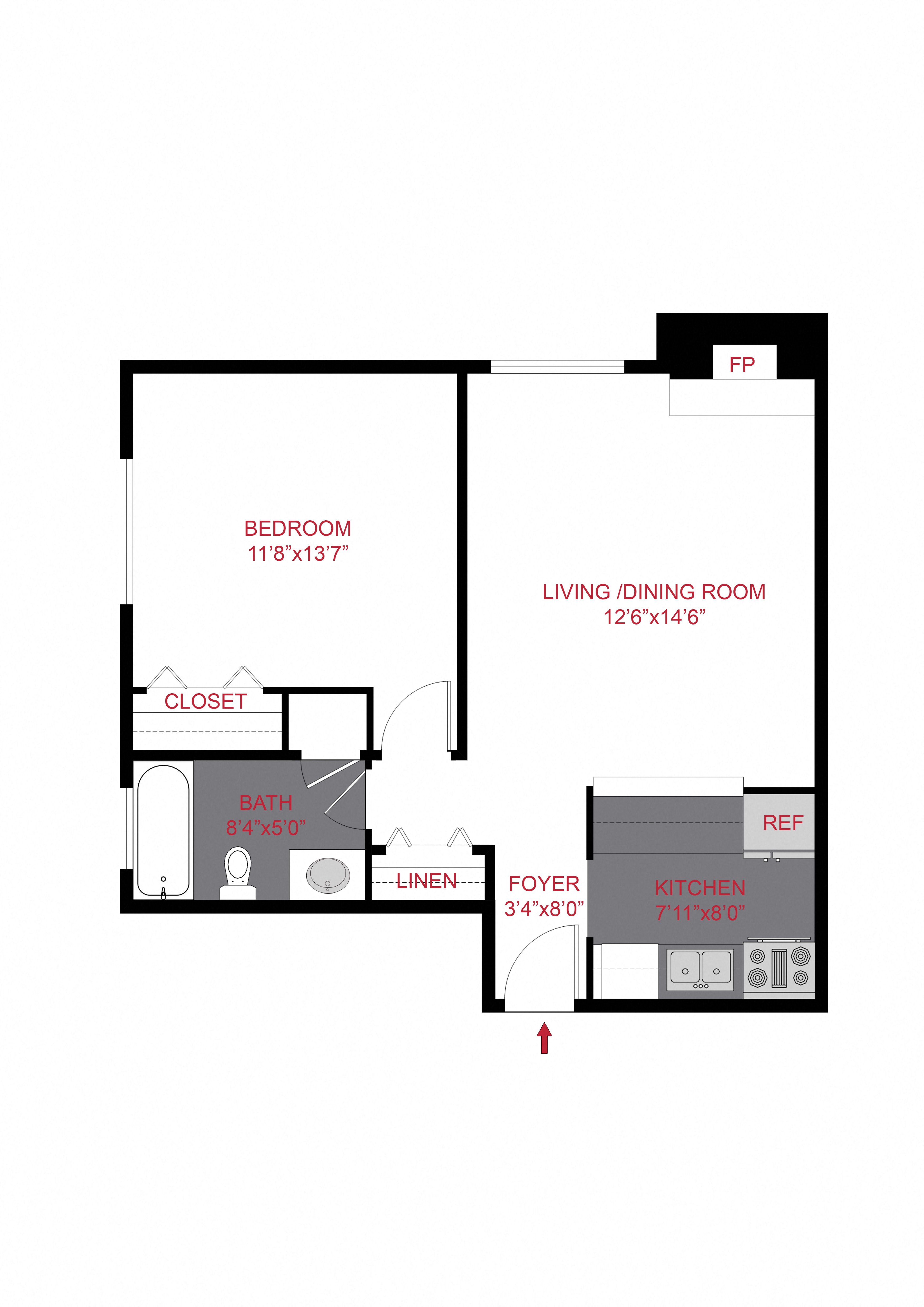 Floor plan for 1 bed, 1 bath, 507 sqft