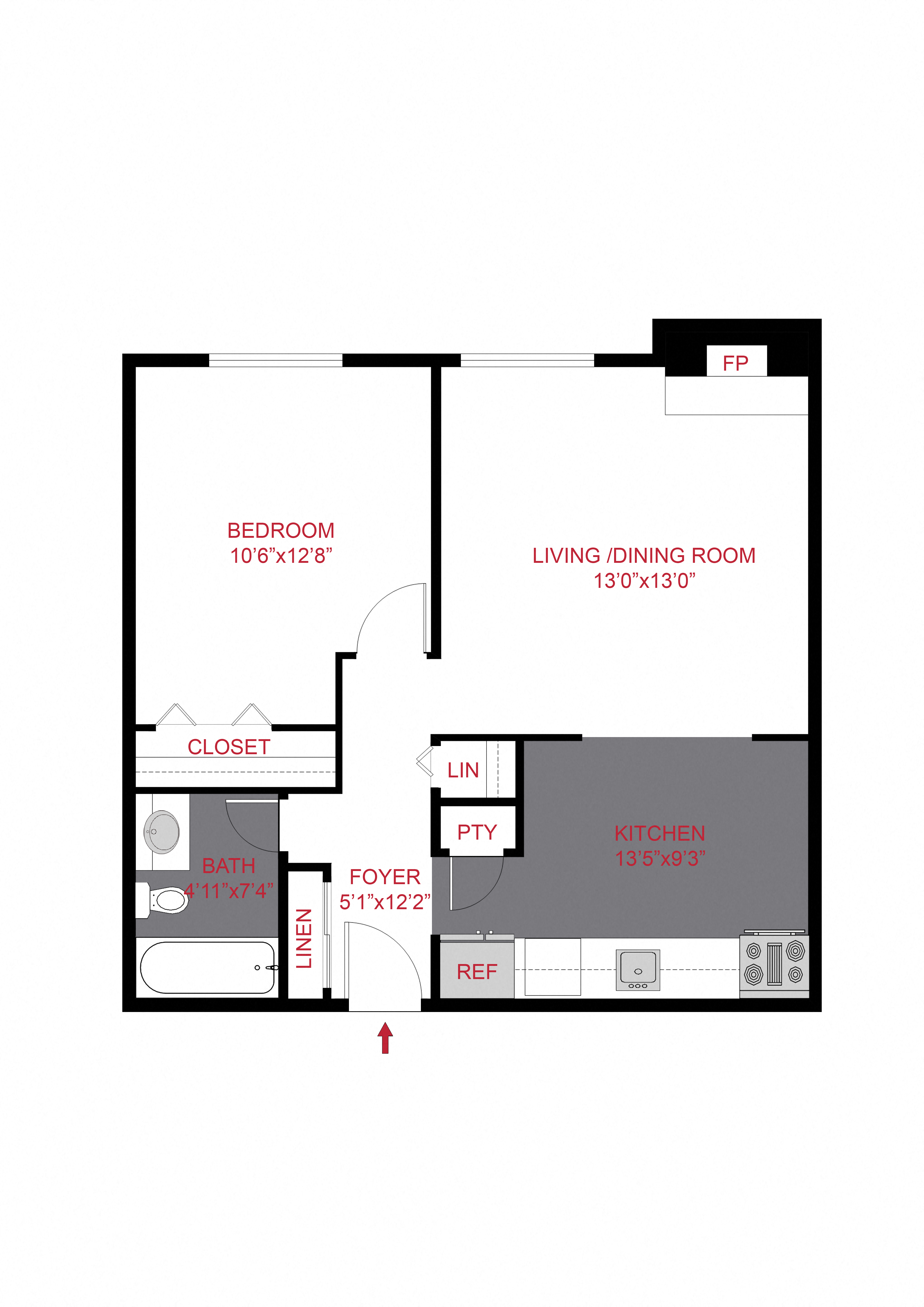 Floor plan for 1 bed, 1 bath, 533 sqft