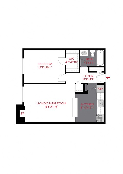 Floor plan for 2 beds, 1 bath, 842 sqft