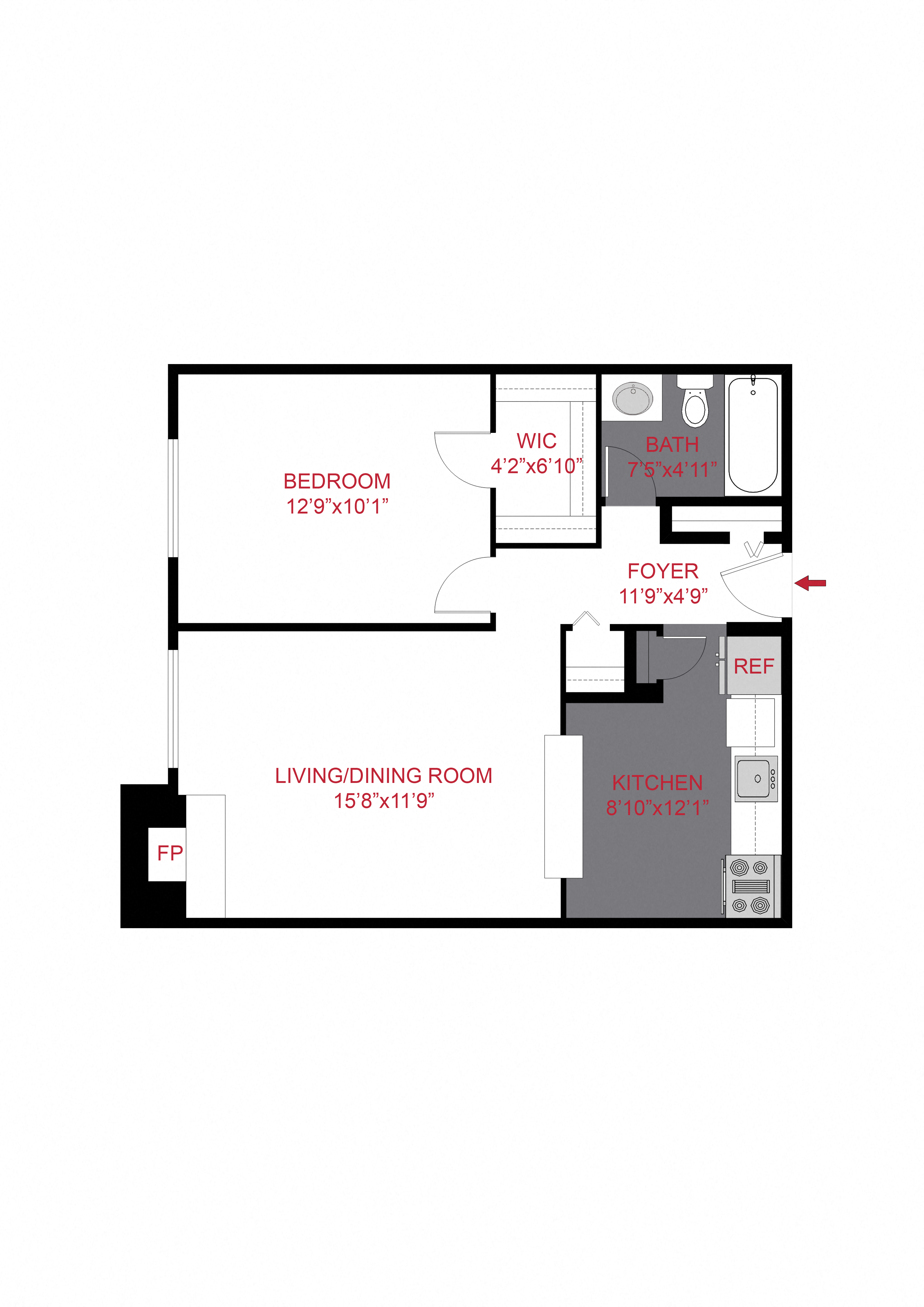 Floor plan for 1 bed, 1 bath, 573 sqft