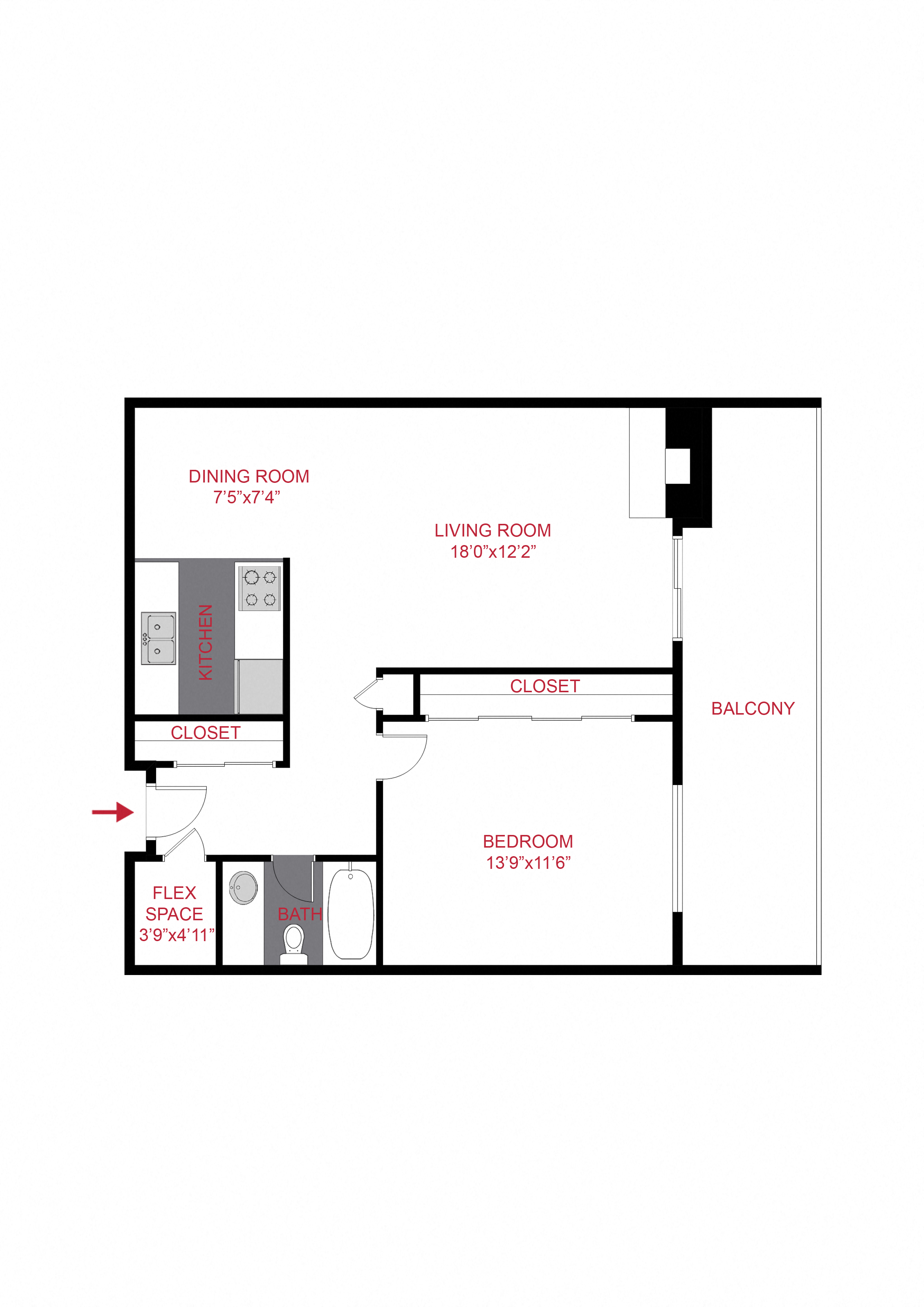 Floor plan for 1 bed, 1 bath, 700 sqft