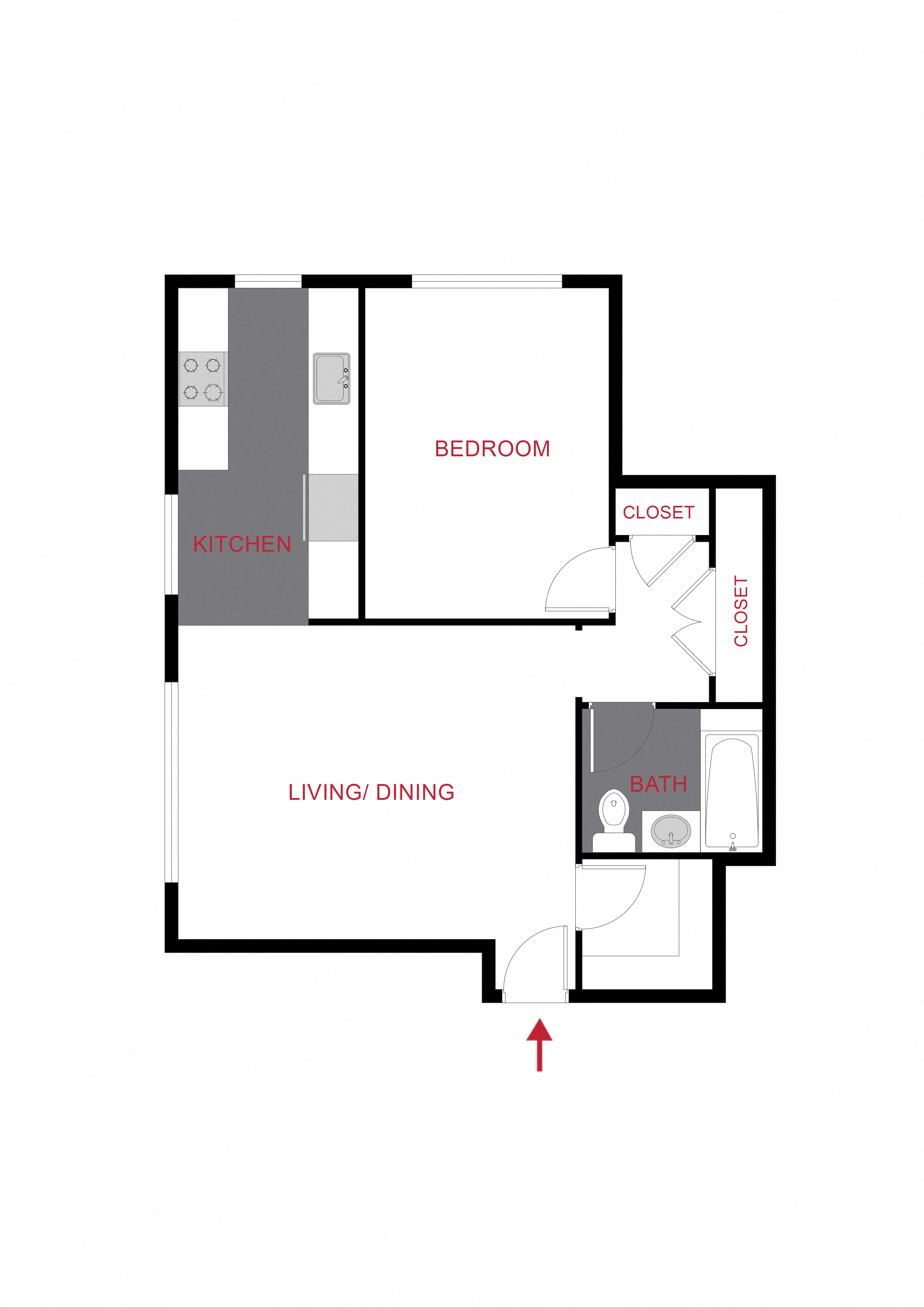 Floor plan for 1 bed, 1 bath, 580 sqft