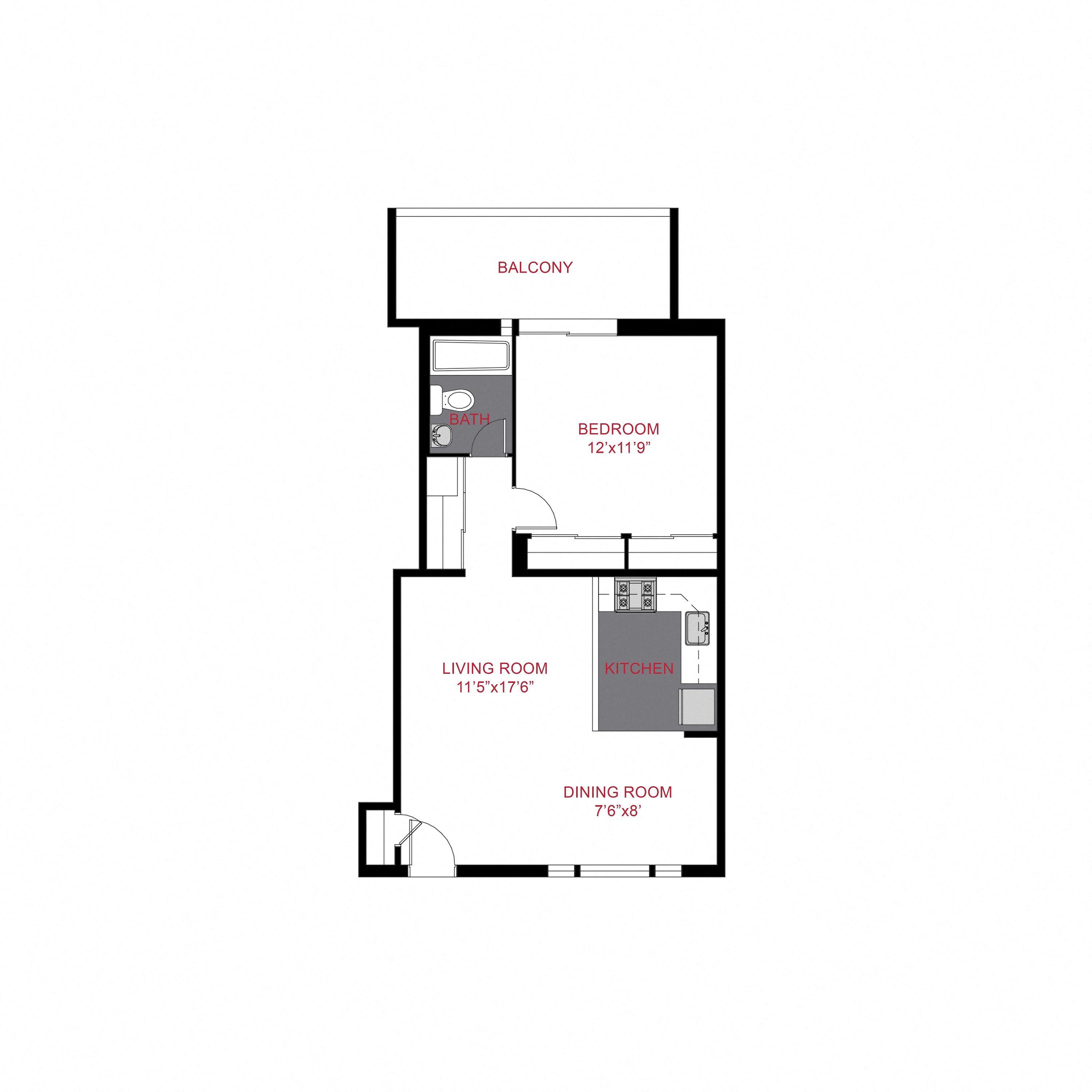 Floor plan for 1 bed, 1 bath, 584 sqft