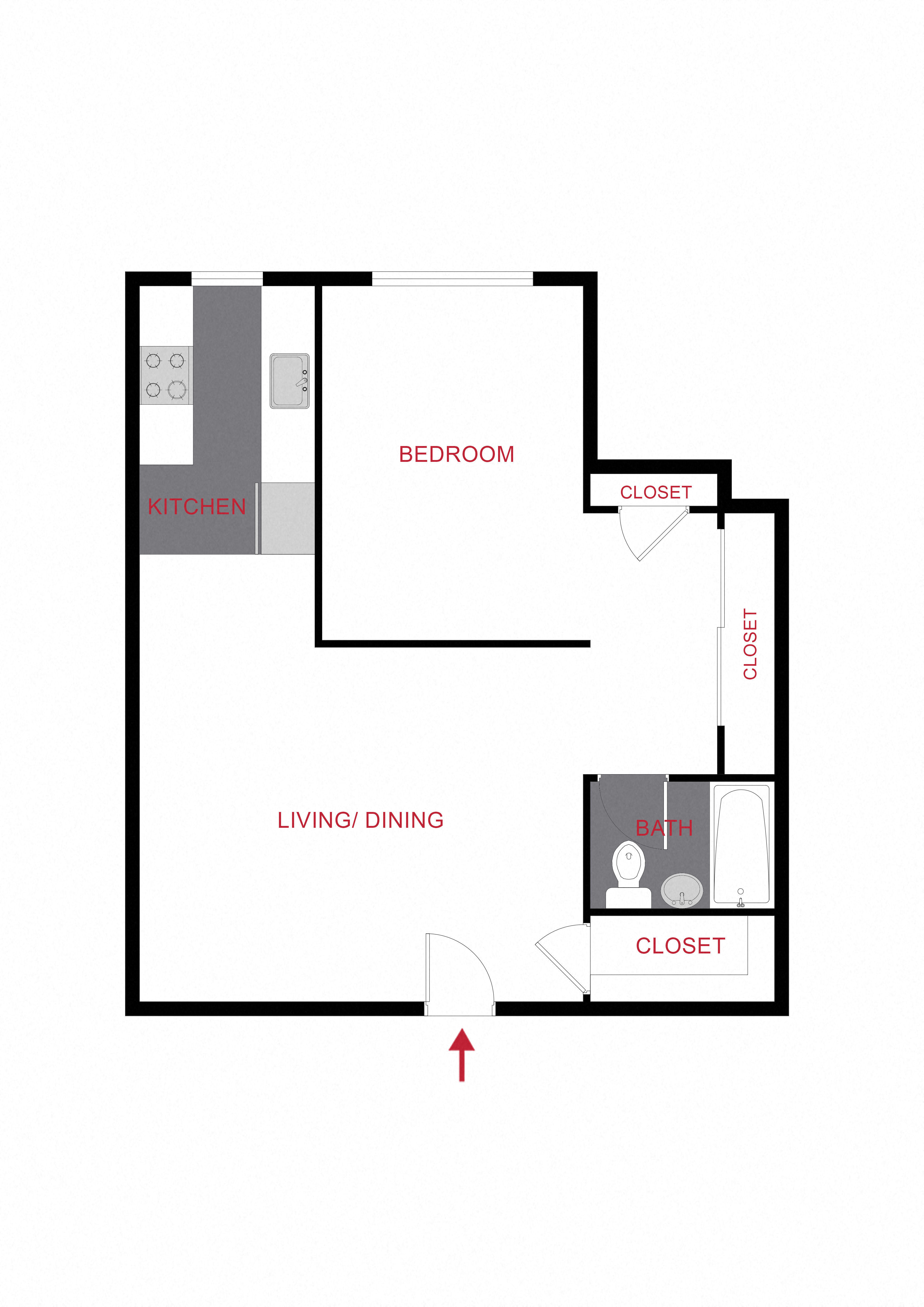 Floor plan for 1 bed, 1 bath, 615 sqft