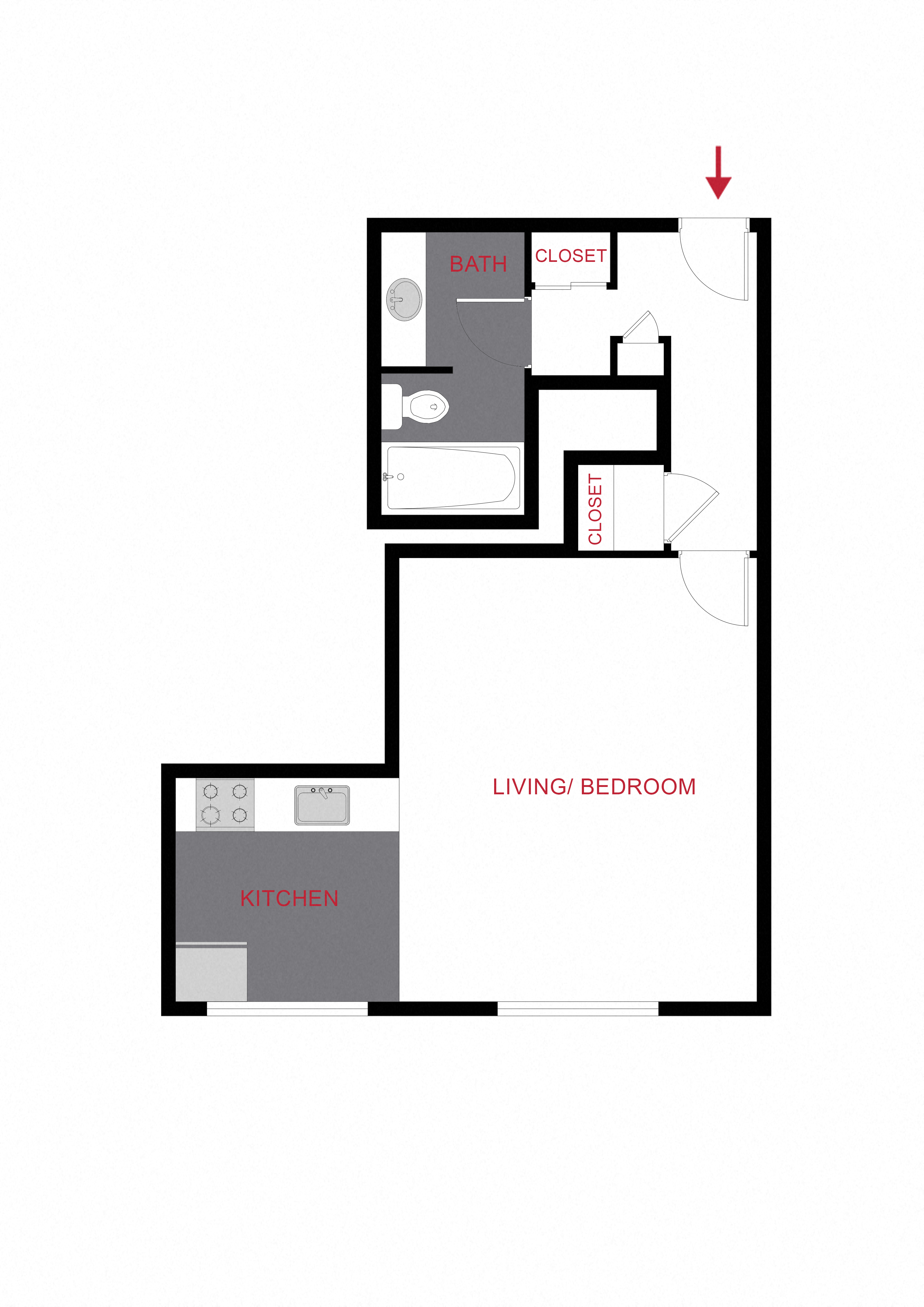 Floor plan for studio, 1 bath, 415 sqft