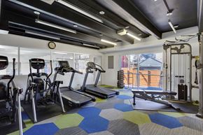 Denver apartment for rent - A gym with a variety of equipment including treadmills, stationary bikes, and weight machines.