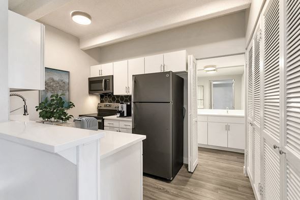 Denver apartment for rent - a white kitchen with a black refrigerator and a sink
