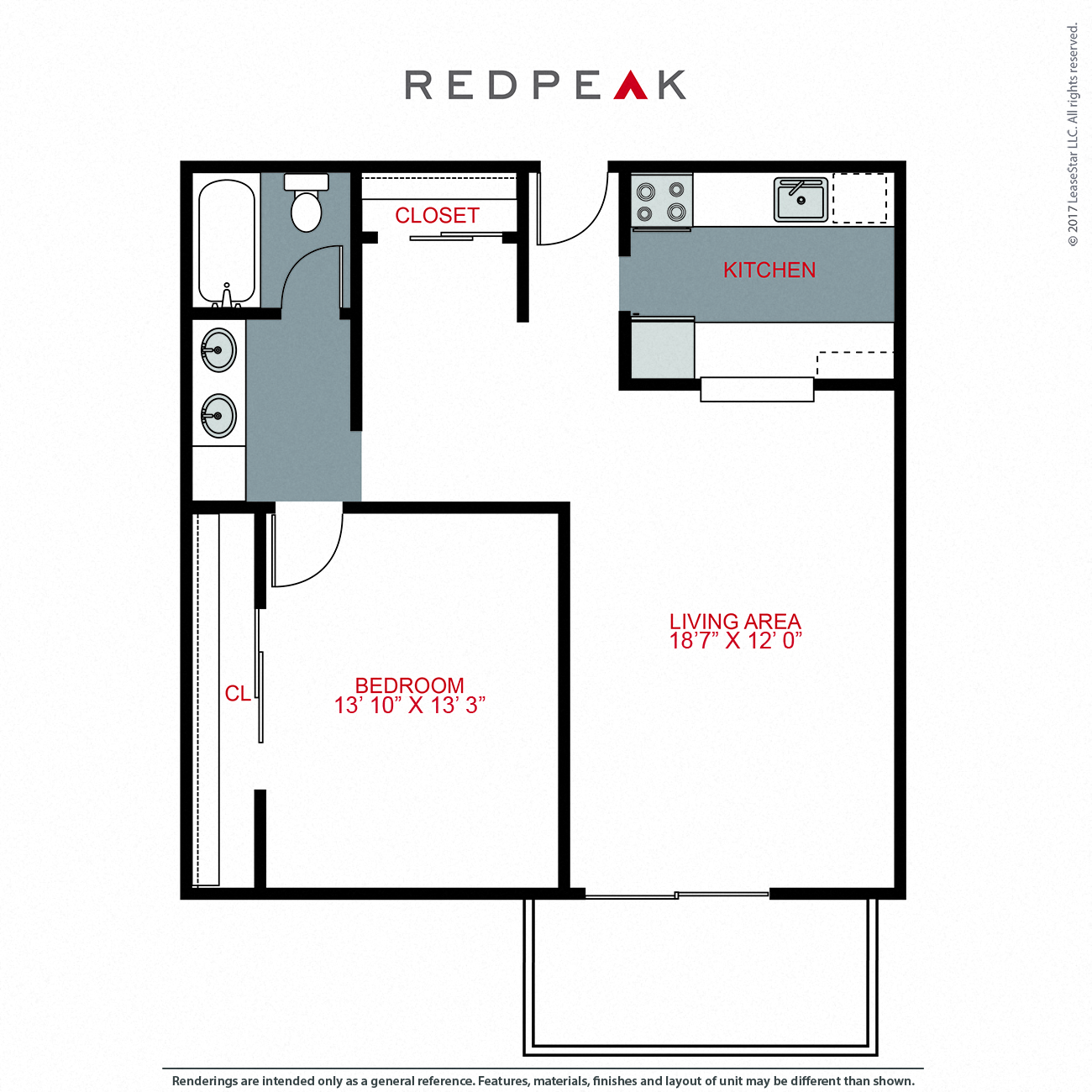 Floor plan for 1 bed, 1 bath, 680 sqft