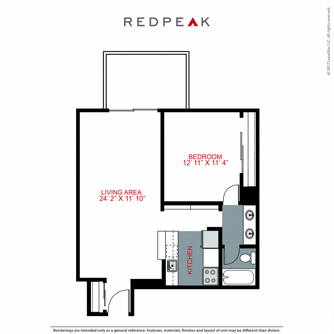 Floor plan for 1 bed, 1 bath, 702 sqft
