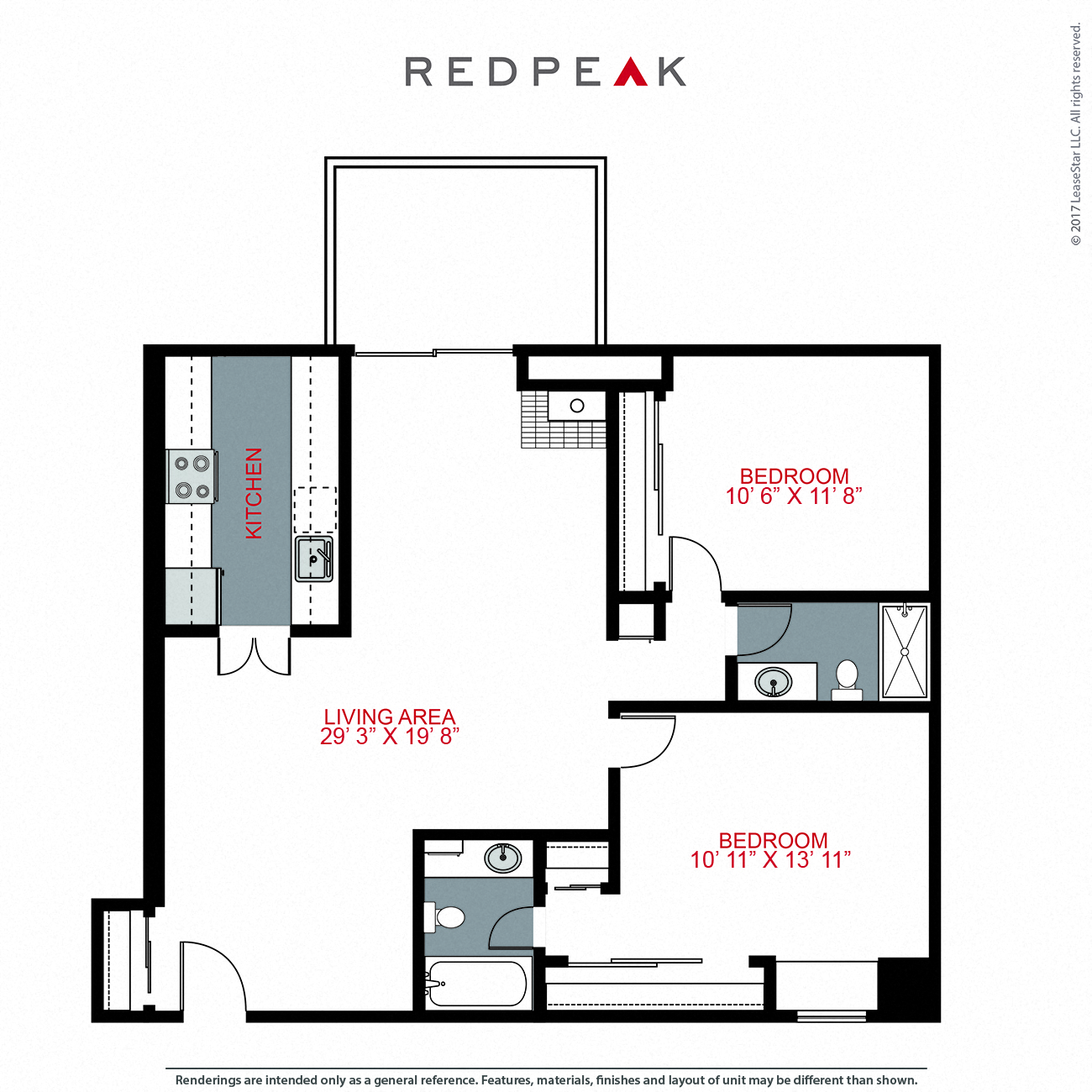 Floor plan for 2 beds, 2 baths, 994 sqft