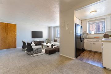 Denver apartment for rent - A living room with a grey carpet and a kitchen in the background.